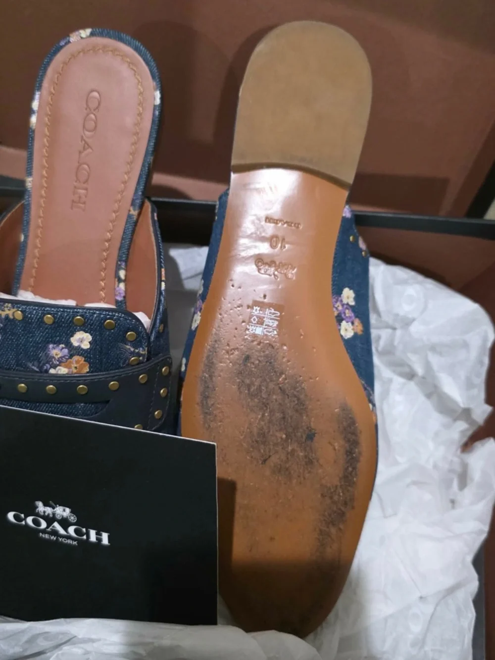Coach Denim Floral Studded Slip-On Mules in Navy and Tan - Picture 2 of 11